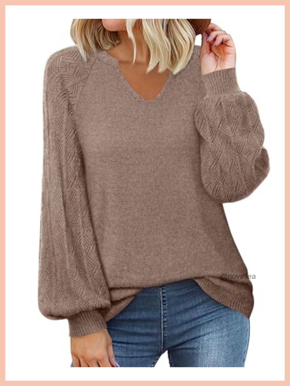 Womens V Neck Long Sleeve Pullover Sweater Chunky Knit Lantern Sleeve Casual